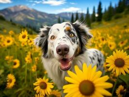 Curious dog exploring a field of blooming wildflower AI Generative photo