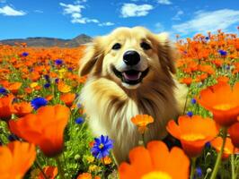 Curious dog exploring a field of blooming wildflower AI Generative photo