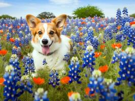 Curious dog exploring a field of blooming wildflower AI Generative photo