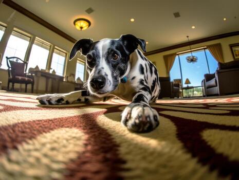 Content dog enjoying in the living room floor AI Generative photo