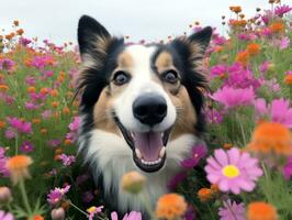 Curious dog exploring a field of blooming wildflower AI Generative photo