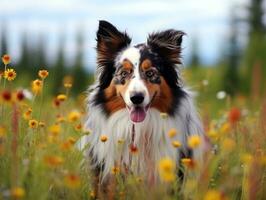 curioso perro explorador un campo de floreciente flor silvestre ai generativo foto