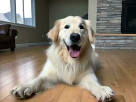 Content dog enjoying in the living room floor AI Generative photo