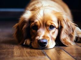 Content dog enjoying in the living room floor AI Generative photo