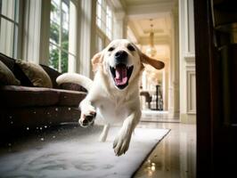 Content dog enjoying in the living room floor AI Generative photo