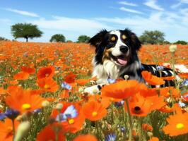 curioso perro explorador un campo de floreciente flor silvestre ai generativo foto