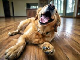 Content dog enjoying in the living room floor AI Generative photo