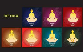 The seven chakras are thought of as the main energy points in your body, which run down the spine. vector