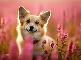 Curious dog exploring a field of blooming wildflower AI Generative photo