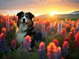 Curious dog exploring a field of blooming wildflower AI Generative photo