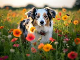 Curious dog exploring a field of blooming wildflower AI Generative photo