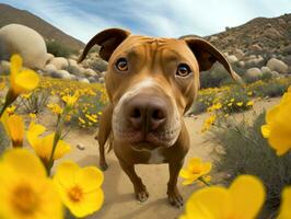 Curious dog exploring a field of blooming wildflower AI Generative photo