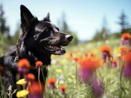 Curious dog exploring a field of blooming wildflower AI Generative photo