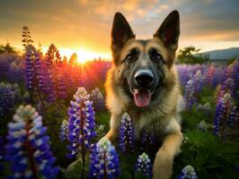 Curious dog exploring a field of blooming wildflower AI Generative photo