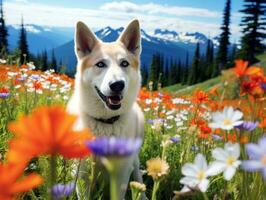 Curious dog exploring a field of blooming wildflower AI Generative photo