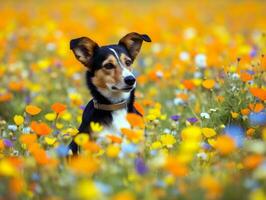 Curious dog exploring a field of blooming wildflower AI Generative photo