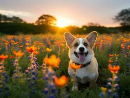 Curious dog exploring a field of blooming wildflower AI Generative photo