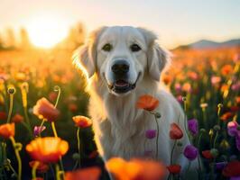Curious dog exploring a field of blooming wildflower AI Generative photo
