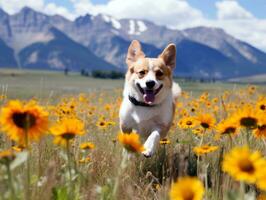 curioso perro explorador un campo de floreciente flor silvestre ai generativo foto