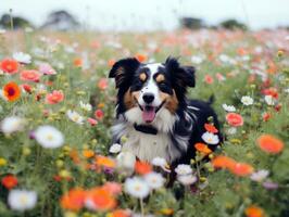 Curious dog exploring a field of blooming wildflower AI Generative photo