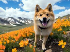 curioso perro explorador un campo de floreciente flor silvestre ai generativo foto