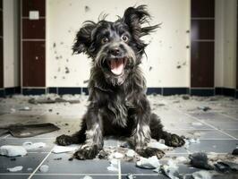 Content dog enjoying in the living room floor AI Generative photo