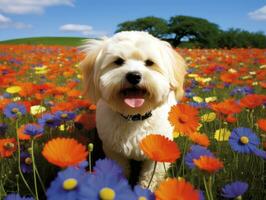 Curious dog exploring a field of blooming wildflower AI Generative photo