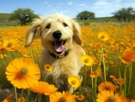 curioso perro explorador un campo de floreciente flor silvestre ai generativo foto