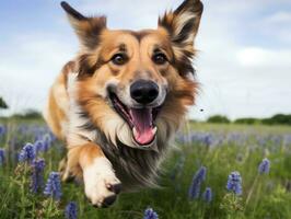 Curious dog exploring a field of blooming wildflower AI Generative photo