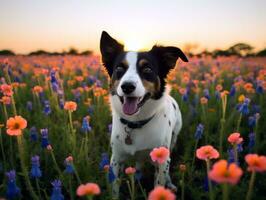 Curious dog exploring a field of blooming wildflower AI Generative photo