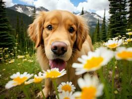 Curious dog exploring a field of blooming wildflower AI Generative photo