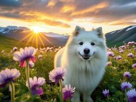 Curious dog exploring a field of blooming wildflower AI Generative photo