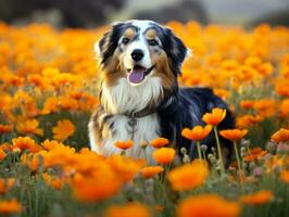 Curious dog exploring a field of blooming wildflower AI Generative photo