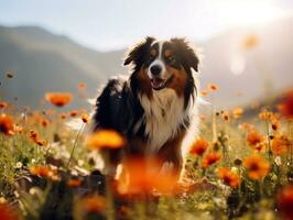 Curious dog exploring a field of blooming wildflower AI Generative photo