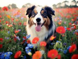 Curious dog exploring a field of blooming wildflower AI Generative photo