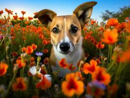 curioso perro explorador un campo de floreciente flor silvestre ai generativo foto