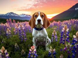 Curious dog exploring a field of blooming wildflower AI Generative photo