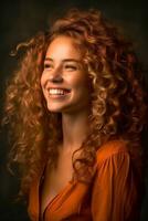 Funny portrait of a bright positive smiling European woman, close-up, natural studio photo, warm filter, ai generative art photo