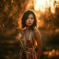 retrato de un asiático mujer en dorado de moda ropa en contra el antecedentes de el ajuste sol, natural foto en el campo, ,suave luz, , ai generado Arte