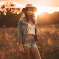 retrato de un mujer en un vaquero sombrero en el antecedentes de el ajuste sol, natural foto en el campo, ,suave luz, ai generativo Arte