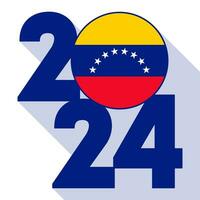 Happy New Year 2024, long shadow banner with Venezuela flag inside. Vector illustration.