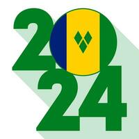 Happy New Year 2024, long shadow banner with Vincent and the Grenadines flag inside. Vector illustration.