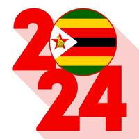 Happy New Year 2024, long shadow banner with Zimbabwe flag inside. Vector illustration.