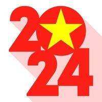 Happy New Year 2024, long shadow banner with Vietnam flag inside. Vector illustration.