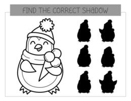 Find the correct shadow coloring book with penguin with ice cream. Coloring page educational game for kids. Cute cartoon penguin. Shadow matching game. Vector illustration