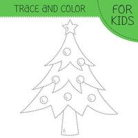 Trace and color coloring book with christmas tree for kids. Coloring page with cute cartoon christmas tree. Vector square illustration