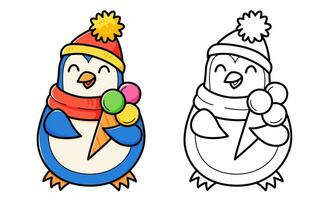 Penguin with ice cream coloring book with coloring example for kids. Coloring page with penguin. Monochrome and color version. Vector children's illustration