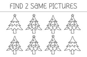 Find two same pictures is an educational game for kids with christmas tree. Christmas tree coloring book. Vector illustration