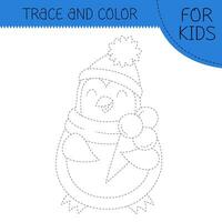 Trace and color coloring book with penguin with ice cream for kids. Coloring page with cute cartoon penguin. Vector square illustration.