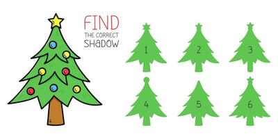 Find the correct shadow game with christmas tree. Educational game for children. Cute cartoon christmas tree. Shadow matching game. Vector illustration